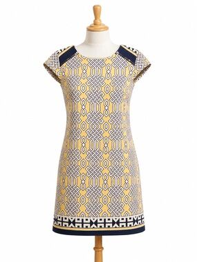 Madison Leigh Yellow Navy Geometric Shift Dress Size 14 Zip Shoulder